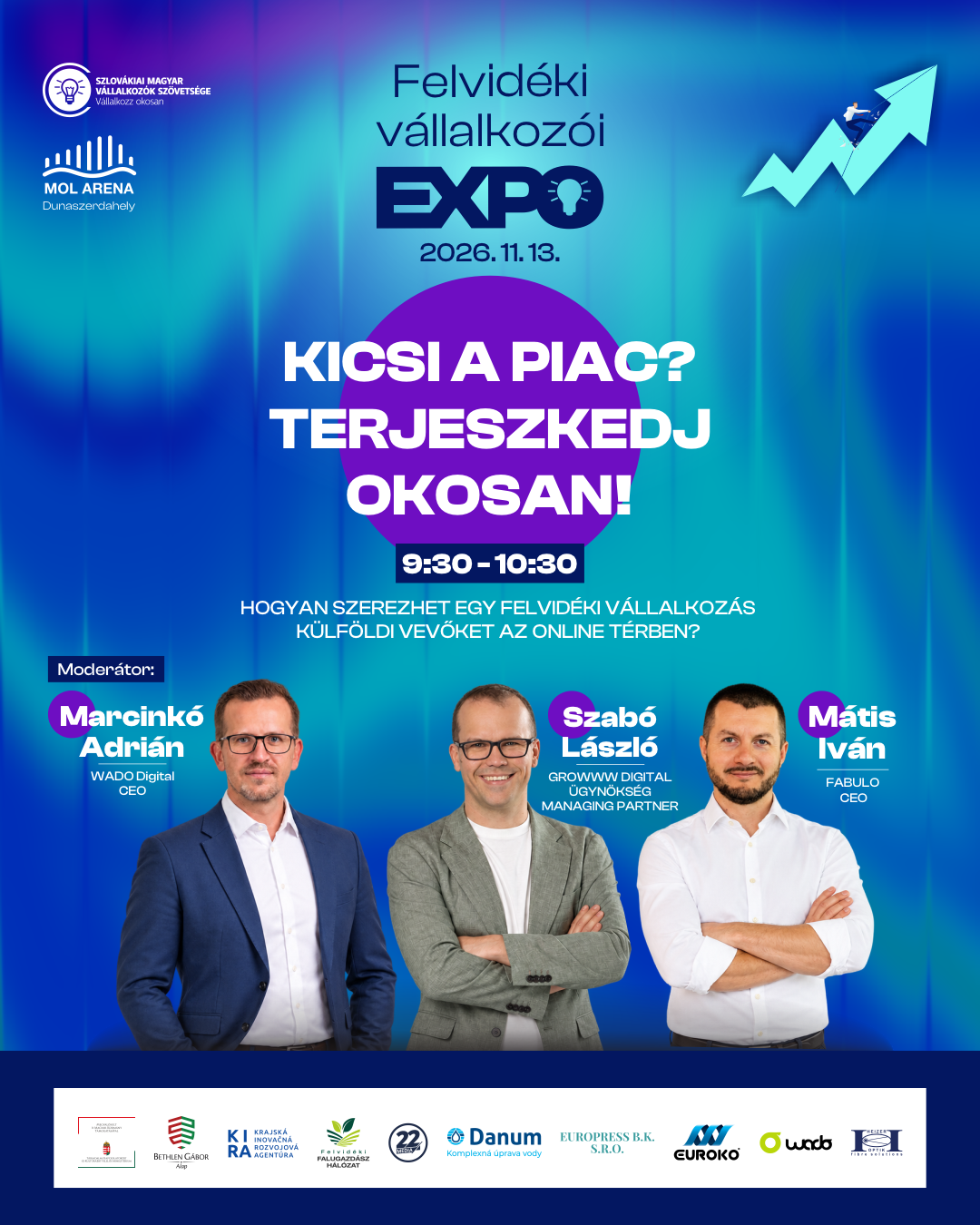 Kicsi a piac? Terjeszkedj okosan! — 9:30–10:30, Szabó László, Mátis Iván, moderátor Marcinkó Adrián